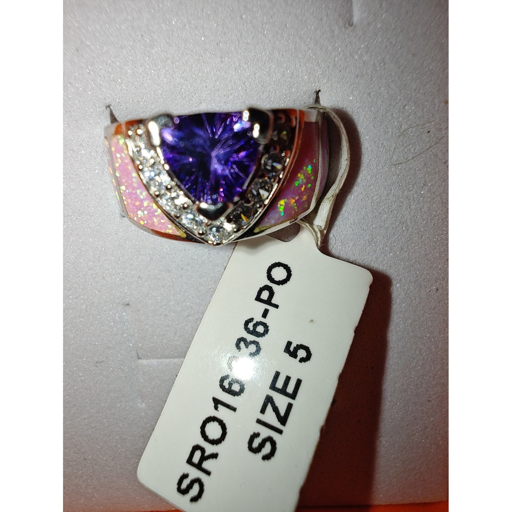 Ring Sterling Silver Purple Trillion Pink Lab Opal Statement SR016336-PO Size 5